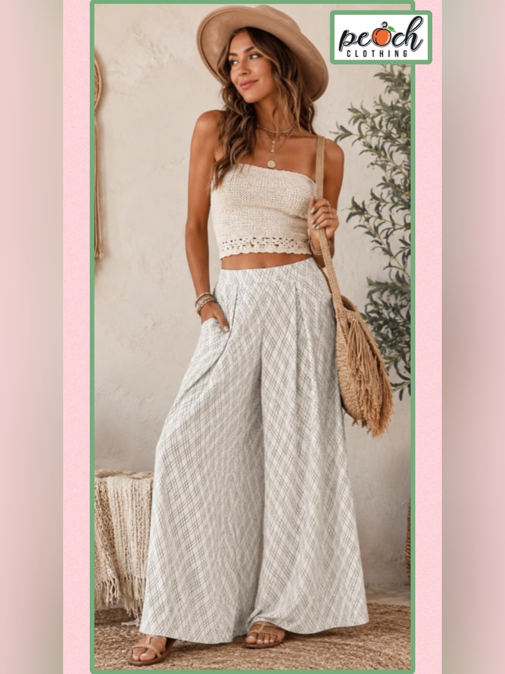 NWT Peach Wide Leg Palazzo Pants Plaid Boho Flowy Small